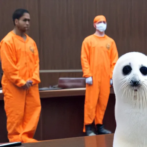 Image similar to a baby harp seal in an orange prisoner jumpsuit at the witness stand, courtroom, news photography