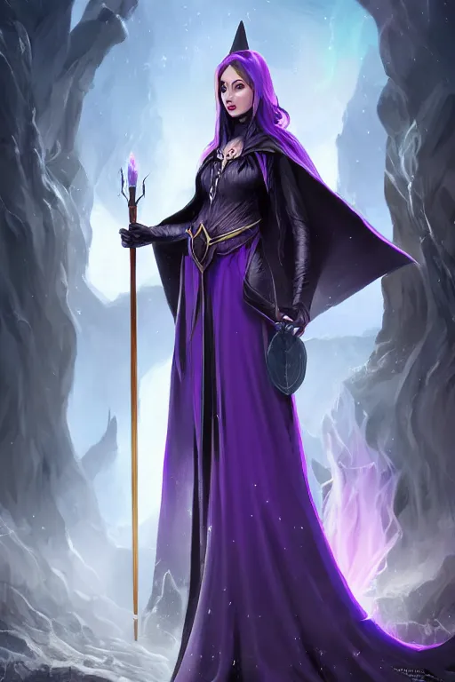 Image similar to Pretty Sorceress, wearing Black and purple robes, Dark blue hair, magic wooden staff, fully covered, Dark fantasy, romantic lead, trending by artstation, artstationhd, artstationhq, matte painting