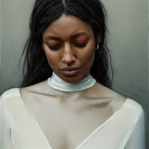 Prompt: kylie bunbury, white dress, downward gaze, choker necklace, by nick alm, jeremy lipking