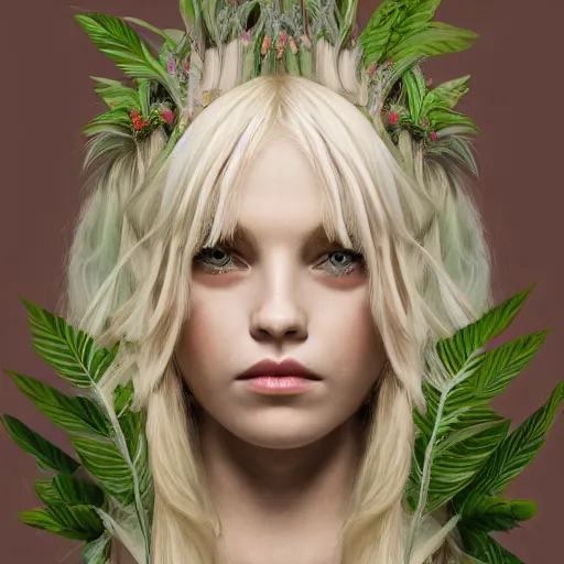 Image similar to a symmetrical portrait of a blonde woman with plants in hair, oil painting, pale colors, high detail, 8 k, wide angle, trending on artstation,