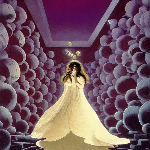 Image similar to labyrinth pan's by karel thole, by phil koch extemporaneous. a beautiful painting. she coalesces into a tall woman in a white dress, diamonds around her neck, hair carefully arranged in auburn waves, young & old at the same time.