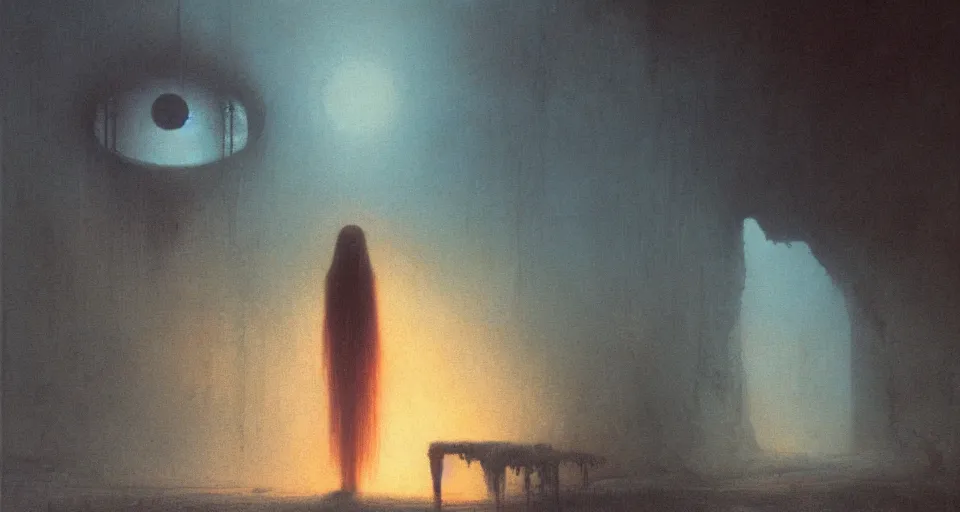 Prompt: she peers into the abyss, and sees the abyss looking back at her, powerful painting by beksinski and john harris and greg rutkowski, dramatic lighting, smooth, sharp details, intricate, sad