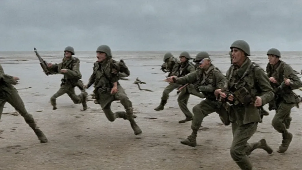 Prompt: A movie screenshot of Velociraptors storming the beach at Normandy in the style of Saving Private Ryan, directed by Henry Selick and Tim Burton.