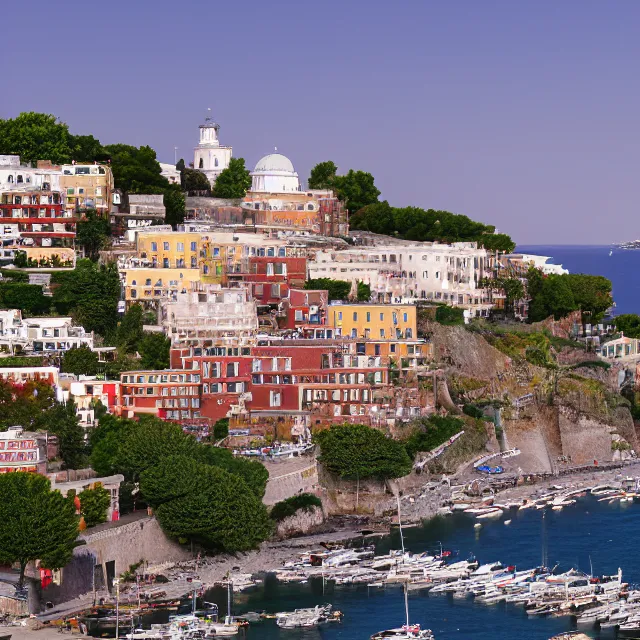 Image similar to portsmouth new hampshire colonial city on positano italy cliff, ocean cliff view, maple trees along street, chimneys on buildings, cobblestone street, light cinematic, volumetric, realistic, cinematic lighting, ray tracing, unreal engine 5, octane render, hyper realistic, photo, 8 k