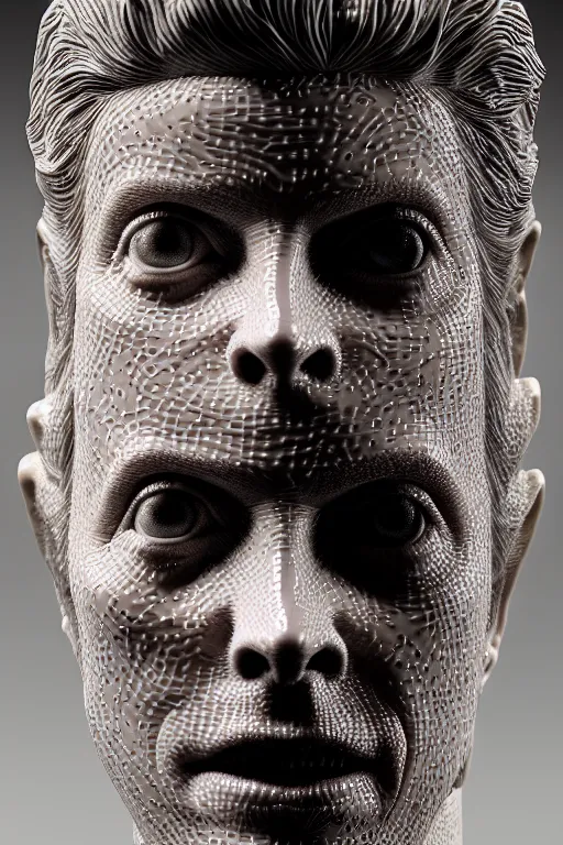 Image similar to David Bowie , A Close up photo-real delicate ceramic porcelain sculpture of a symmetrical ornate detailed in front of an intricate background by Victo Ngai and takato yamamoto, micro detail, backlit lighting, face in focus, subsurface scattering, translucent, thin porcelain, octane renderer, colorful, physically based rendering, japanese pottery, trending on cgsociety