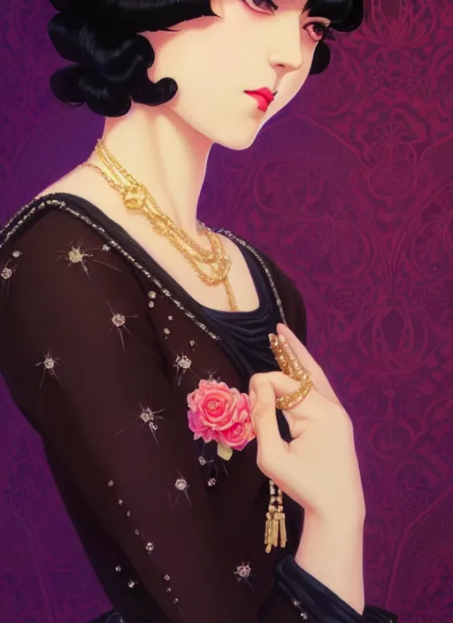 Image similar to a beautiful girl with black hair in 1920's fashion, ballroom background, intricate, highly detailed, digital painting, artstation, official media, anime key visual, concept art, rich vivid colors, ambient lighting, sharp focus, illustration, art by Artgerm, Makoto Shinkai, Ilya Kuvshinov, Lois Van Baarle, and Rossdraws