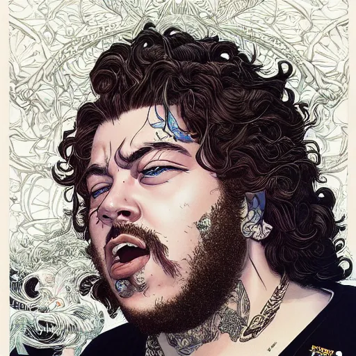 Prompt: portrait of post malone, symmetrical, glamour, by yoichi hatakenaka, masamune shirow, josan gonzales and dan mumford, ayami kojima, takato yamamoto, barclay shaw, karol bak, yukito kishiro