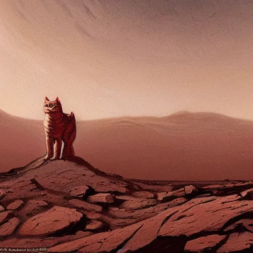 Image similar to painting of an ancient cat statue on mars surface, visible in distance, partially covered in dust, style of greg rutkowski