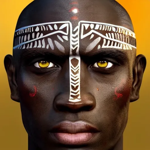 Prompt: Ogun with large iron spears, he has tribal face markings and war paint, bronze-brown skin with african features and strong jaw line prominent brow and menacing look, wearing tribal armor, medium shot digital illustration trending on artstation by artgerm, face by wlop