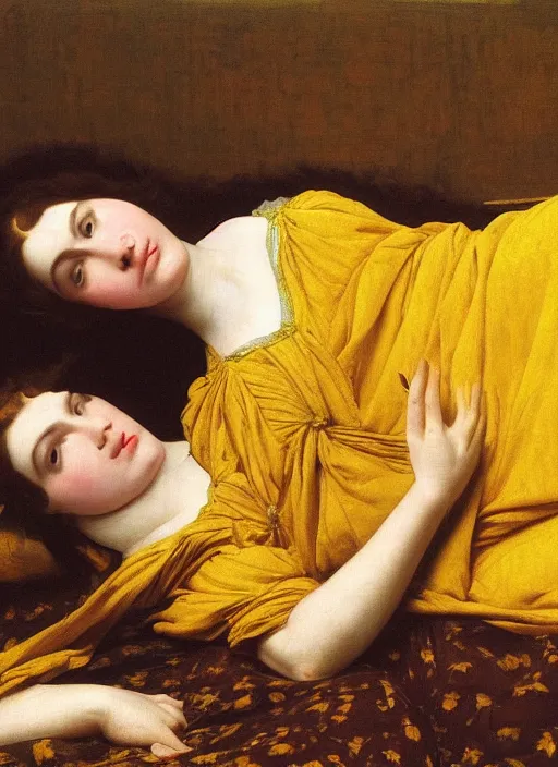 Prompt: masterpiece portrait of lady reclining vertically on bed wearing yellow ochre ornate medieval dress, foreshortening, colour photography by frederic leighton, william morris, 8 k