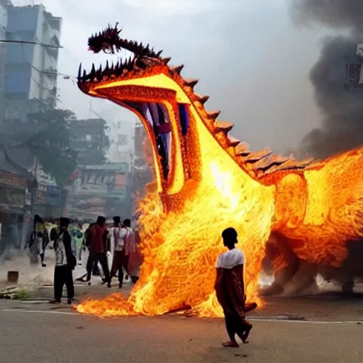 Image similar to photograph of a robot dragon burning Dhaka city