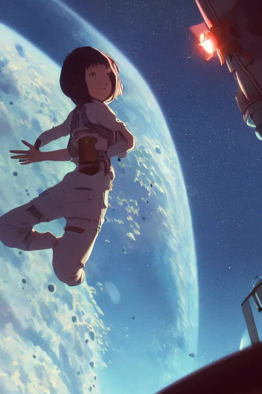 Prompt: a highly detailed matte painting of a girl watching space station explosion by studio ghibli, makoto shinkai, by artgerm, by wlop, by greg rutkowski, volumetric lighting, octane render, 4 k resolution, trending on artstation, masterpiece