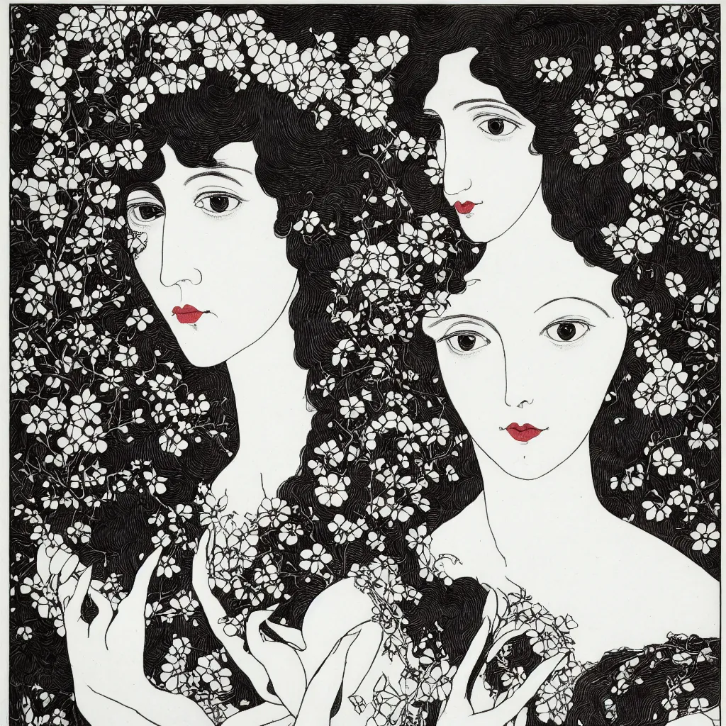 Prompt: , 4k, highly detailed, sharp focus 4k, highly detailed, sharp focus lithography by Aubrey Beardsley, symmetric portrait of one beautiful woman with flowers in her hair