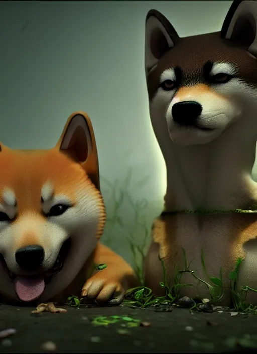 Prompt: shiba inu with mushrooms growing out of it's face. Very detailed 8k. Fantasy cyberpunk horror. Sharp. Cinematic post-processing