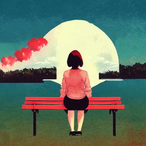 Image similar to girl sitting on a park bench, nuclear explosion in the background, nuclear mushroom cloud, by conrad roset, by greg rutkowski, digital art