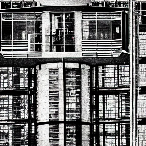 Image similar to aircraft control tower looking out to an airport, black and white, comic book style, insanely detailed, very intricate, high contrast