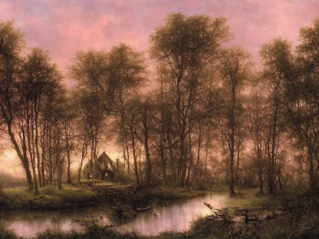 Image similar to a gorgous witchhouse in a woodland, evening mood, pink clouds in the sky, by clive madgwick