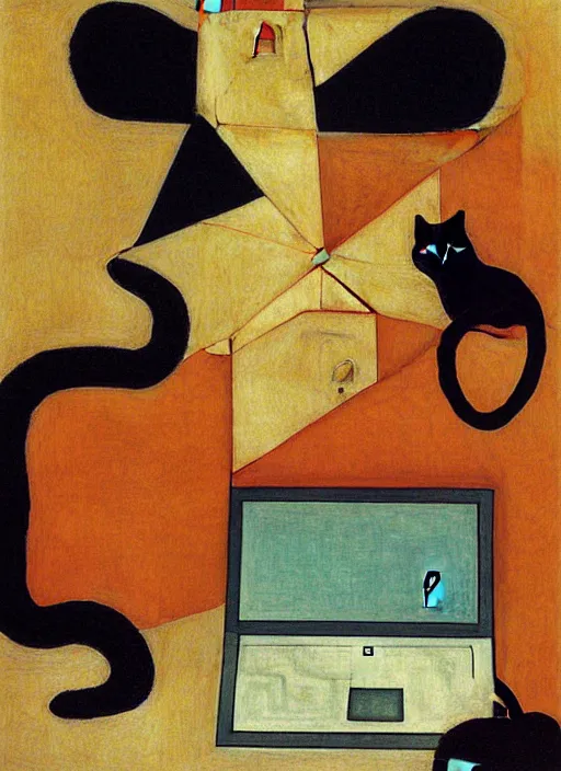 Prompt: creative python programmer with a computer and a cat in geometric harmony, by egon schiele and quint buchholz, portrait, colorful, escher++, detail