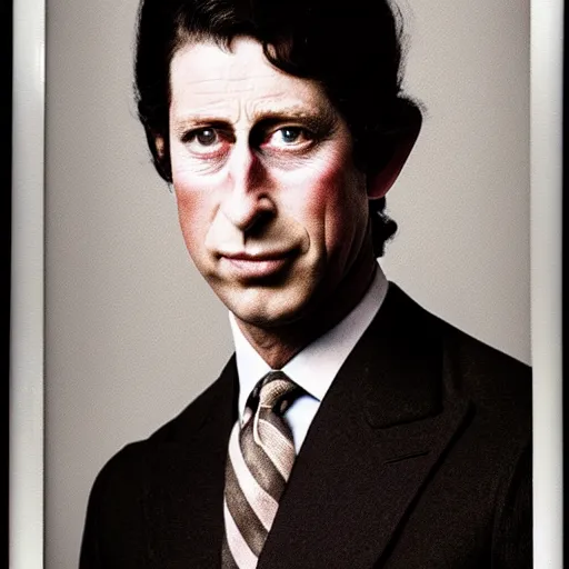 Image similar to Mugshot Portrait of Prince Charles, taken in the 1970s, photo taken on a 1970s polaroid camera, grainy, real life, hyperrealistic, ultra realistic, realistic, highly detailed, epic, HD quality, 8k resolution, body and headshot, film still, front facing, front view, headshot and bodyshot, detailed face, very detailed face