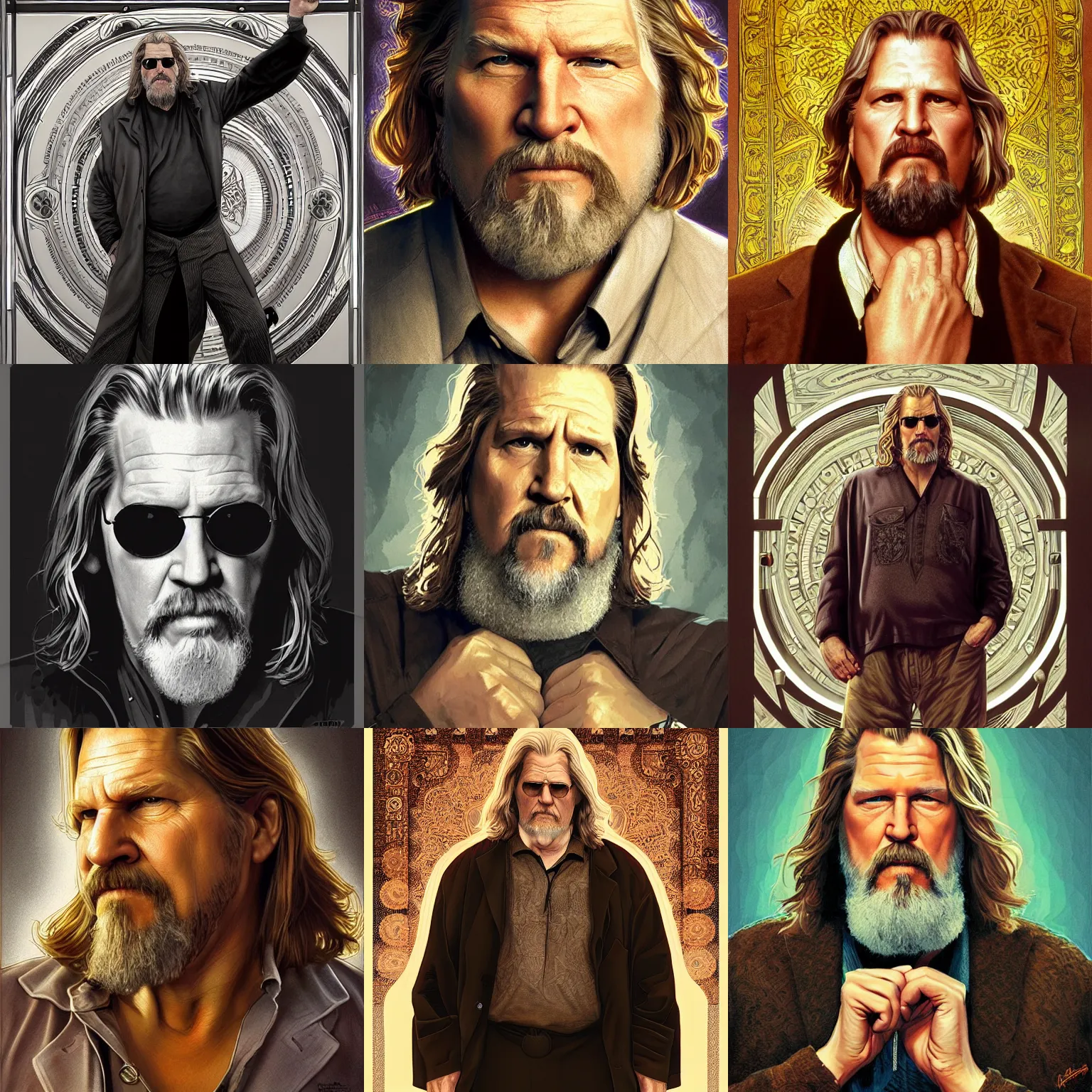 Prompt: the dude big lebowski jeff bridges, deep focus, intricate, elegant, highly detailed, digital painting, concept art, matte, sharp focus, illustration, art by artgerm and greg rutkowski and alphonse mucha, rug