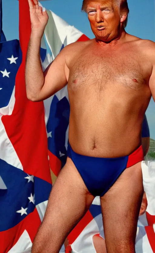 Prompt: high quality photo of donald trump in a borat mankini. hq. hd. award winning