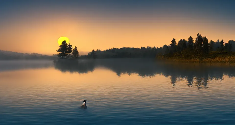Prompt: a goose swimming in a calm lake at sunrise matte painting, foggy, 4 k wallpaper, trending on artstation, professional photography