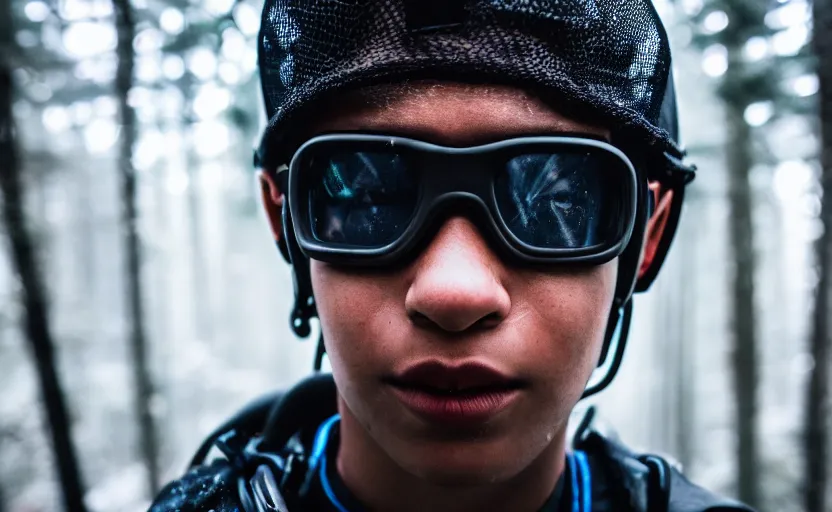 Image similar to cinestill 5 0 d candid photographic portrait by steven spielberg of a mixed teen wearing rugged black mesh techwear on a dirtbike through a dark forest, extreme closeup, modern cyberpunk moody emotional cinematic, snow storm, 8 k, hd, high resolution, 3 5 mm, f / 3 2, ultra realistic faces, ex machina