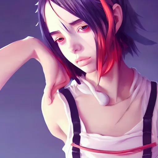 Image similar to a beautiful young anime protagonist billie eilish natalie portman alluring instagram model in elaborate latex tank top, by guweiz and wlop and ilya kuvshinov and artgerm symmetrical eyes, aesthetic, gorgeous, stunning, alluring, attractive, artstation, deviantart, pinterest, digital art