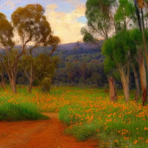 Prompt: a painting of a dirt road surrounded by eucalyptus trees and california golden poppies, woodland hill in the distance. an oil painting by Julian Onderdonk, green orange violet triadic color palette, featured on deviantart, australian tonalism, pre-raphaelite, impressionism, detailed painting