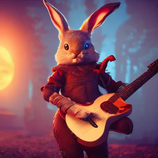 Image similar to An epic fantasy comic book style portrait painting of a bunny playing the guitar, unreal 5, DAZ, hyperrealistic, octane render, cosplay, RPG portrait, dynamic lighting