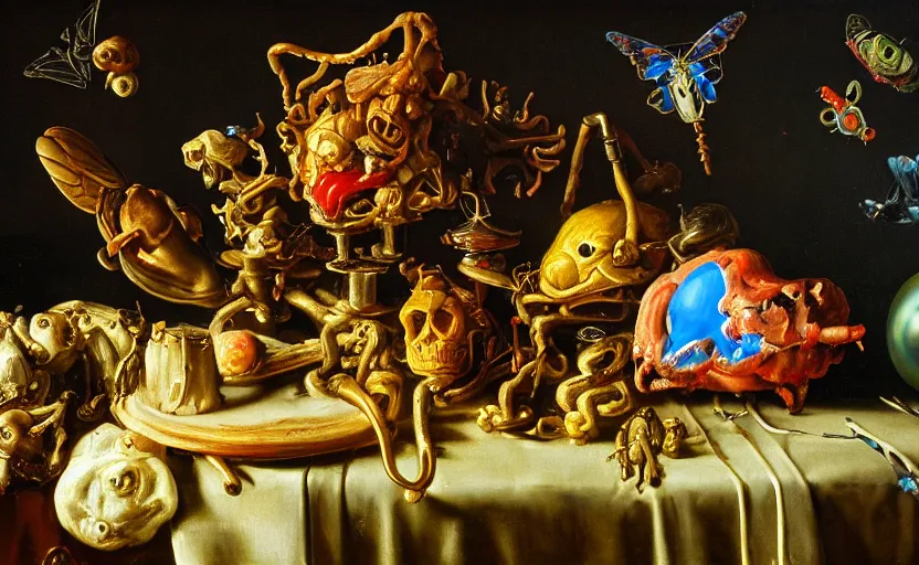 Image similar to disturbing colorful oil painting dutch golden age vanitas still life with bizarre objects strange gooey surfaces shiny metal bizarre insects rachel ruysch dali todd schorr very detailed perfect composition rule of thirds masterpiece canon 5 0 mm, cinematic lighting, photography, retro, film, kodachrome