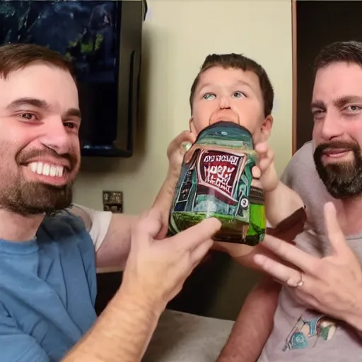 Image similar to nelk boys chugging a happy dad in real life, 8 k, 4 k uhd, realistic, hyper realistic, super detailed, very detailed, detailed