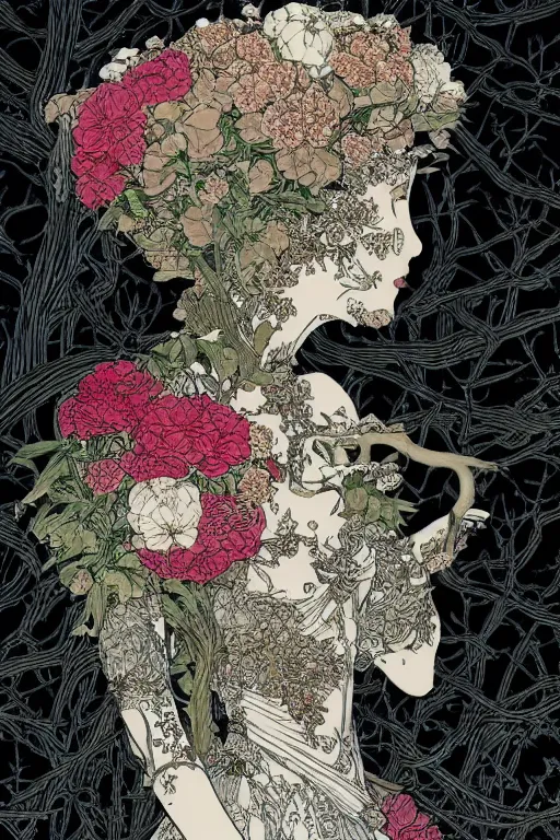 Prompt: m elf in a closed helmet-skull in a dress consisting of flowers. masterpiece 4k digital design by Takato Yamamoto, award winning, Artstation, Takato Yamamoto aesthetic, Neo-Gothic, gothic, forest on background, intricate details, realistic, hyperdetailed, 8k resolution