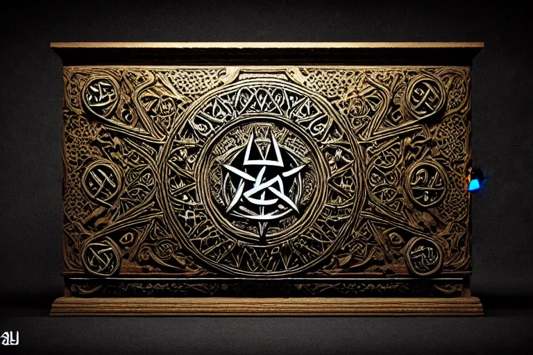 Image similar to an ancient ornate intricate old spell satanic coffin with the sigil symbol of evil emblazoned on the cover, cinematic, realistic, intricate detail, finely detailed, small details, extra detail, photorealistic, high resolution, 3 d, pbr, path tracing, volumetric lighting, octane render, arnold render, 8 k