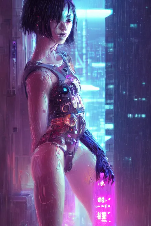 Prompt: portrait futuristic unstable cyberpunk young female Berserker, in futuristic heavily raindrop tokyo rooftop cyberpunk night, ssci-fi, fantasy, intricate, very very beautiful, elegant, neon light, highly detailed, digital painting, concept art, human anatomy, soft light, hdri, smooth, sharp focus, illustration, art by tian zi and craig mullins and WLOP and alphonse mucha