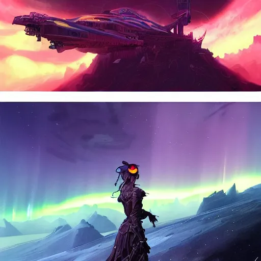 Image similar to an epic grim hyperdetailed 3 d matte painting of a female cyberpunk cyborg sorceress on a distant sci - fi planet under dramatic aurora borealis by peter mohrbacher by dan mumford by jakub rozalski by yoji shinkawa