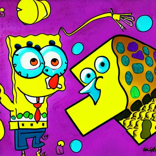 Image similar to spongebob squarepants in an abstract world with weed clouds, digital art, by Lulu Chen