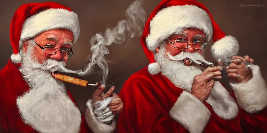 Prompt: Santa smoking a joint, cinematic lighting, detailed oil painting, hyperrealistic, 8k