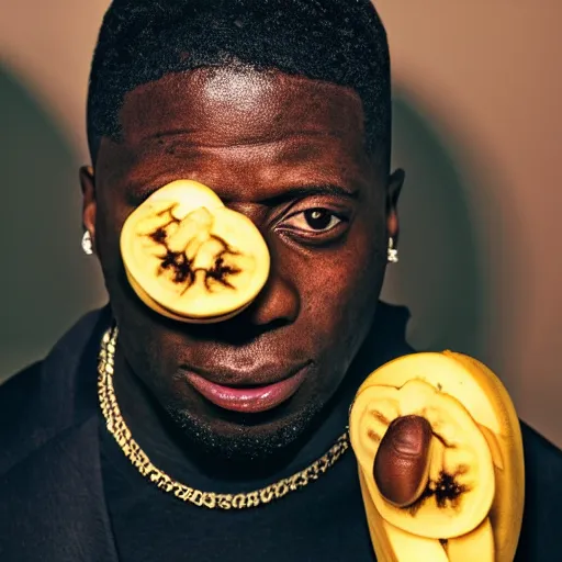 Image similar to angry gucci mane eating bananas in the hood, 8k resolution, full HD, cinematic lighting, award winning, anatomically correct