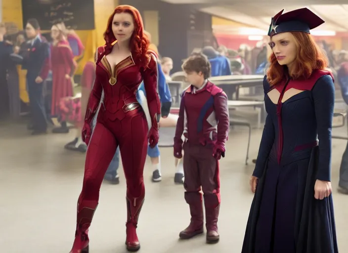 Image similar to Scarlett Witch working as a kindergarten teacher in the new avengers movie, 4k