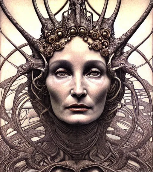 Image similar to detailed realistic beautiful young alien robot jessica lange as queen of mars face portrait by jean delville, gustave dore and marco mazzoni, art nouveau, symbolist, visionary, gothic, pre - raphaelite. horizontal symmetry by zdzisław beksinski, iris van herpen, raymond swanland and alphonse mucha. highly detailed, hyper - real, beautiful