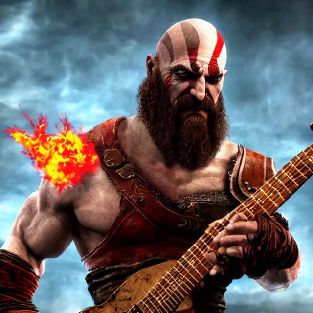 Image similar to kratos shredding on a flaming stratocaster guitar, cinematic render, god of war 2 0 1 8, santa monica studio official media, lightning, stripe over eye