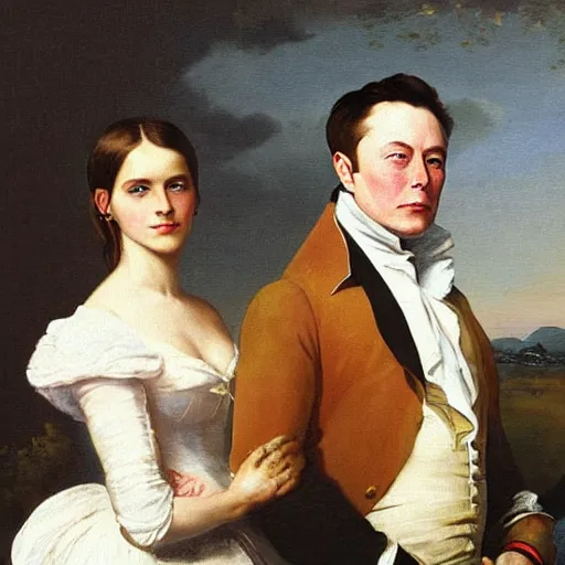 Image similar to elon musk ( left ) and emma watson in an 1 8 5 5 painting by elisabeth jerichau - baumann. painting, oil on canvas