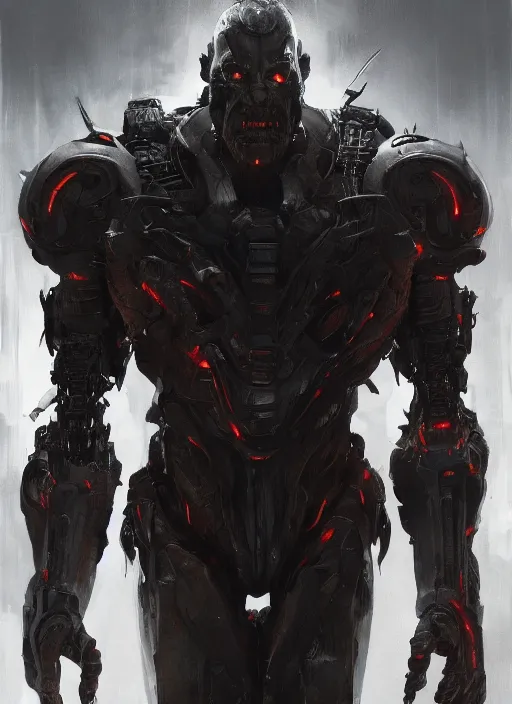 Image similar to willem dafoe as victor stone, full body concept, cyborg, borg, strogg, face of a man, terminator, flesh, quake strogg, doom demon, wolfenstein, monstrous, symmetry, symmetrical, concept art by ruan jia and greg rutkowski