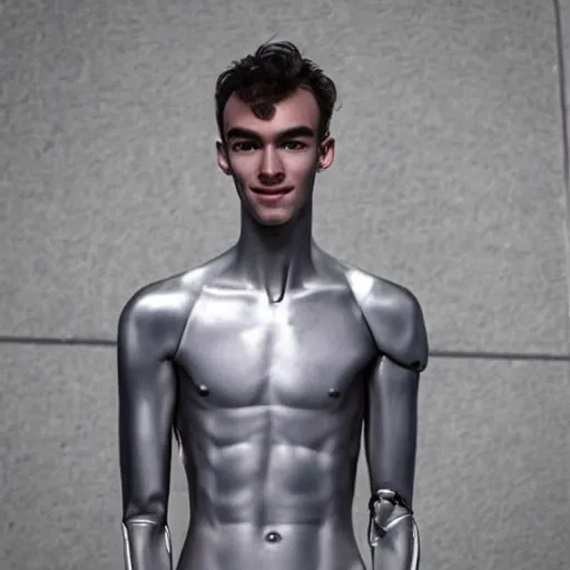 Image similar to “a realistic detailed photo of a guy who is an attractive humanoid who is half robot and half humanoid, who is a male android, Pierre Gasly, shiny skin, posing like a statue, blank stare”