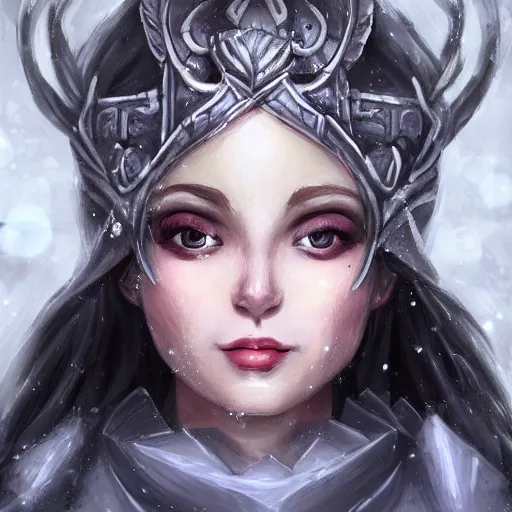 Prompt: auril, goddess of winter, lady made of ice wielding a warhammer made of ice, digital art, trending on artstation, portrait