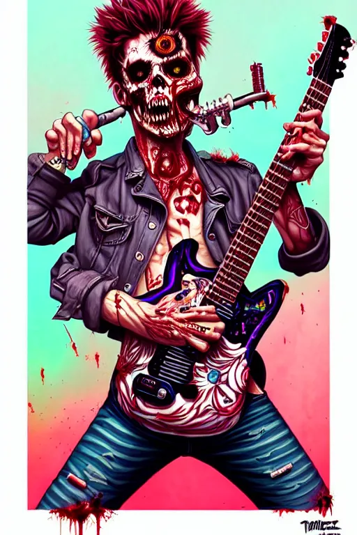 Image similar to a zombie punk rocker playing electric guitar, tristan eaton, victo ngai, artgerm, rhads, ross draws