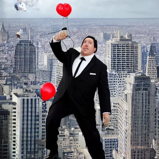 Prompt: clean-shaven Jon Favreau as Happy Hogan wearing a black suit and black necktie holding onto a bunch of helium balloons as he floats high above a city, top-down view