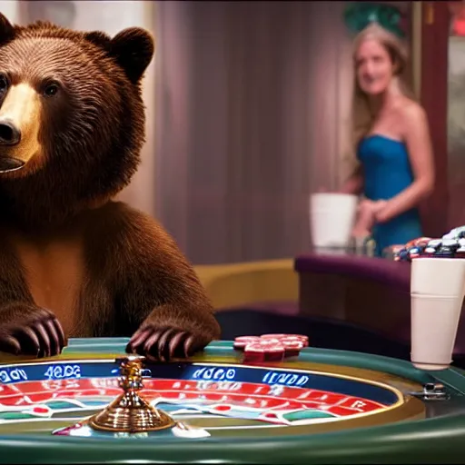 Prompt: film still of a bear in las vegas casino movie 4k