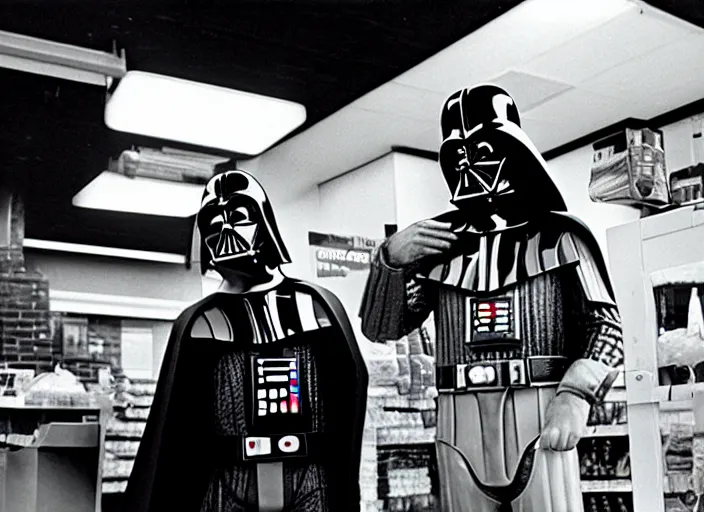 Image similar to film still of Darth Vader working as a clerk in a convenience store in Clerks movie 1994